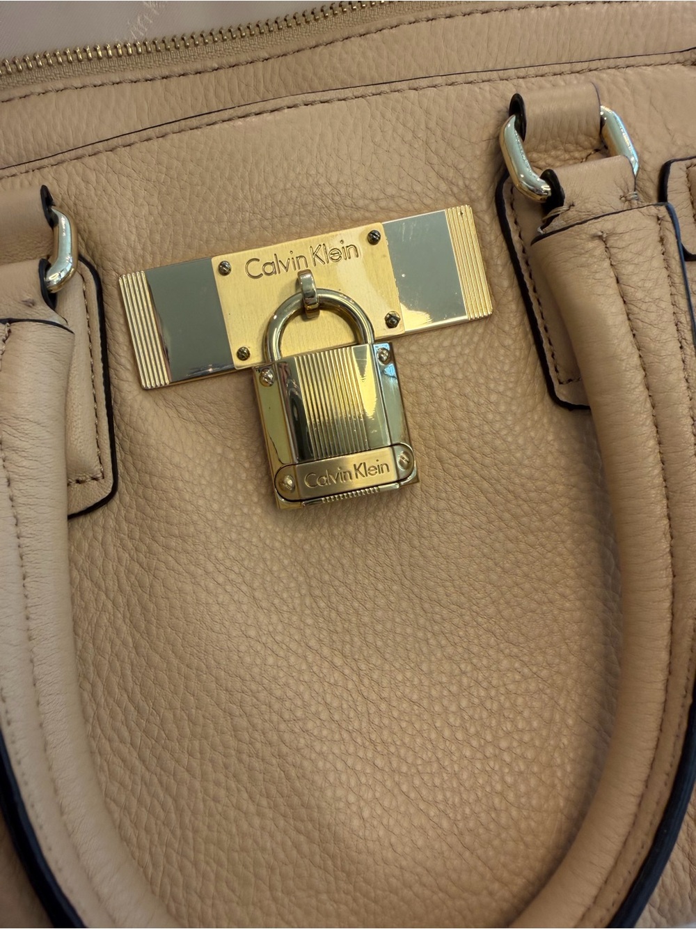 Calvin Klein Statement Series Tan Pebble Leather Satchel with Gold Lock - Picture 2 of 5